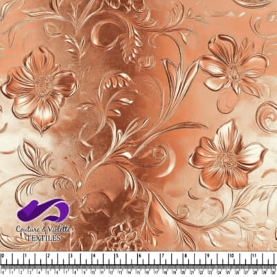 Copper embossed floral pattern textile with intricate swirls and detailed flowers