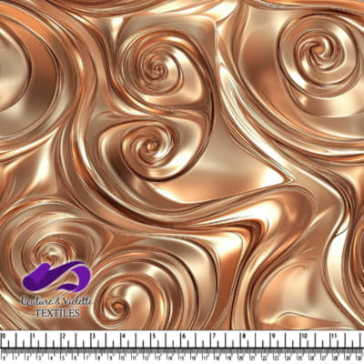 Shiny metallic gold fabric with swirling abstract raised textured pattern