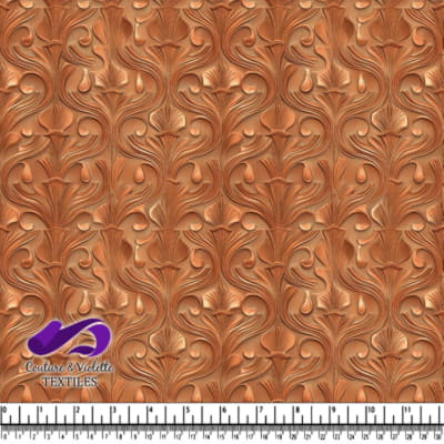 Ornate embossed floral pattern in copper tones with swirling leaves and petals