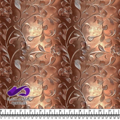 Copper embossed floral metal texture with ornamental leaves and flowers pattern