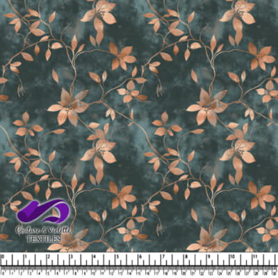 Copper floral pattern on dark teal textured background textile design