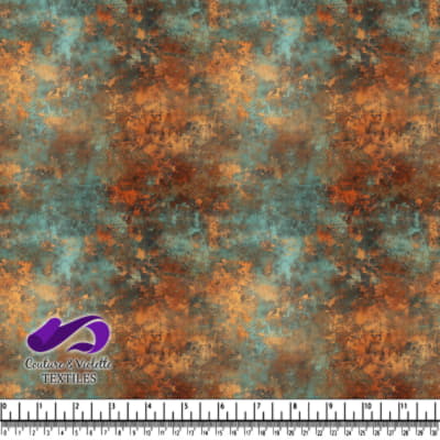 Rustic textured fabric pattern with turquoise and burnt orange tones