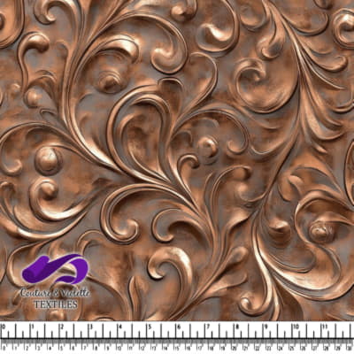 Ornate copper embossed baroque floral pattern with swirls and leaves texture