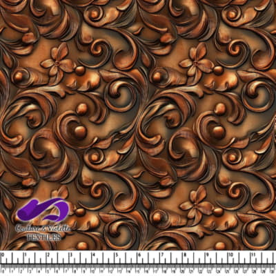 Ornate brown embossed floral and swirl pattern fabric texture