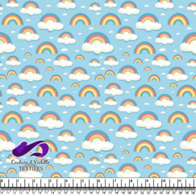 Colorful rainbows with white fluffy clouds on a light blue background