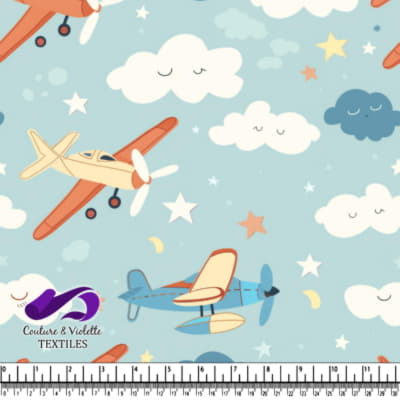 Colorful vintage airplanes flying among smiling clouds and stars on a light blue background