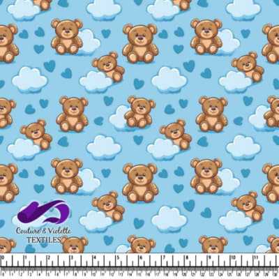 Cute teddy bears with clouds and hearts