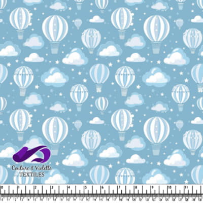 White hot air balloons floating among clouds and stars on a blue background