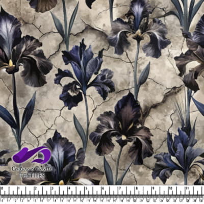 Dark blue irises on cracked stone textured background fabric pattern