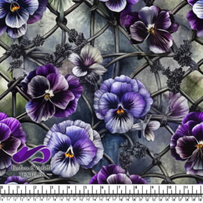 Purple and white pansy flowers intertwined with dark branches