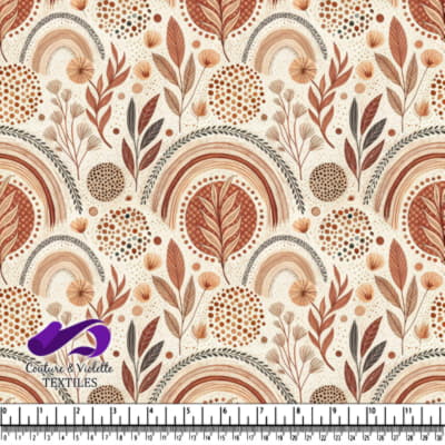 Earth tone botanical and abstract pattern with leaves rainbows and dots