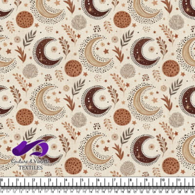 Celestial Pattern with Moons Stars Leaves and Dots in Earth Tones