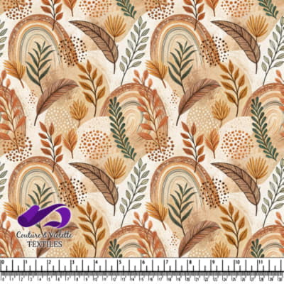 Abstract botanical pattern with earthy tones and rainbow shapes