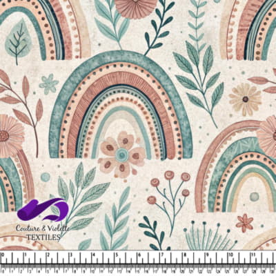 Boho style rainbows and floral leaves pattern in muted pastel color