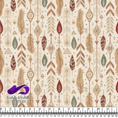Bohemian style pattern with feathers arrows and geometric shapes in earthy tones