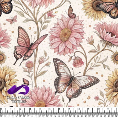 Pink and yellow flowers with butterflies