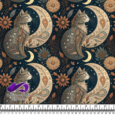 Intricate Cat Sitting Beside Ornate Crescent Moon and Flowers Under Starry Night Sky