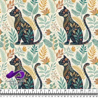 Floral patterned cat silhouette surrounded by colorful botanical leaves and flowers