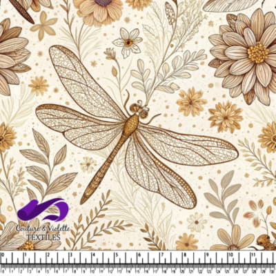 Vintage style beige floral textile pattern with detailed dragonfly