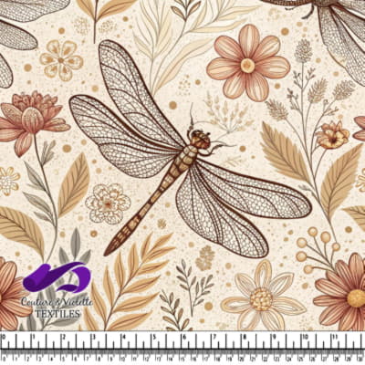 Vintage style dragonfly and floral pattern in earth tones