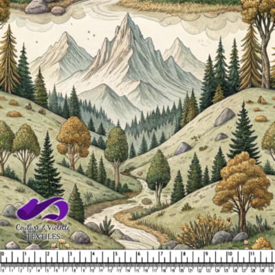 Serene mountain landscape with pine trees winding river and autumn foliage in vintage style