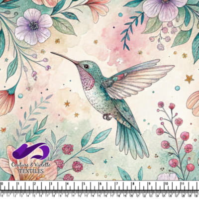 Whimsical hummingbird surrounded by colorful flowers