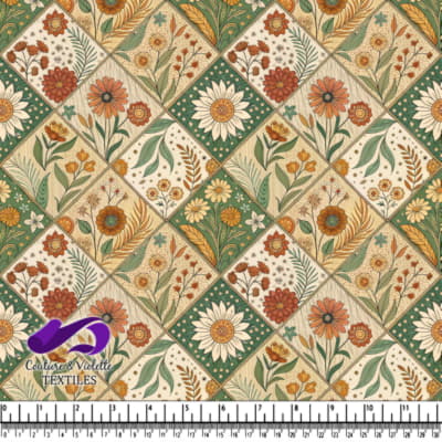 Vintage floral patchwork pattern with orange and green flowers