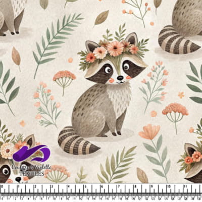 Cute raccoon with flower crown surrounded by flowers and leaves