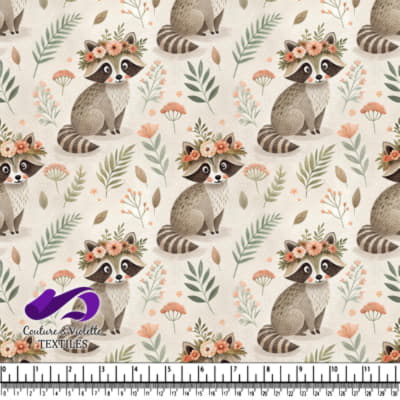 Cute raccoon with flower crown surrounded by flowers and leaves