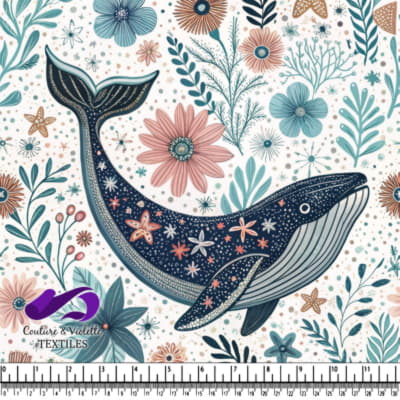 Whale surrounded by floral and marine elements