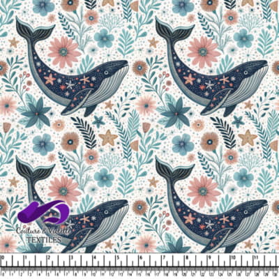Whale surrounded by floral and marine elements