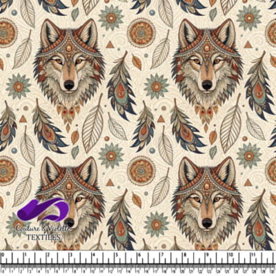tribal wolf head surrounded by feathers leaves and floral