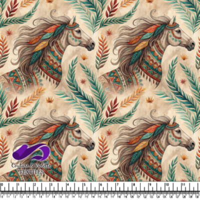 Majestic horse adorned in colorful feathers patterns