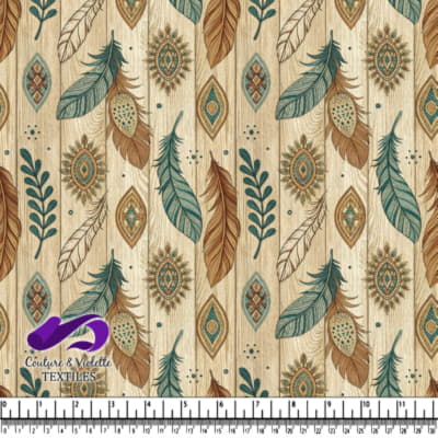 Bohemian Feather and Geometric Pattern on Wood Texture Background