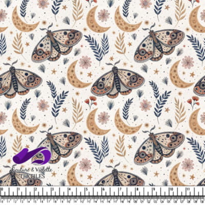 Moths crescent moons stars and botanical illustrations