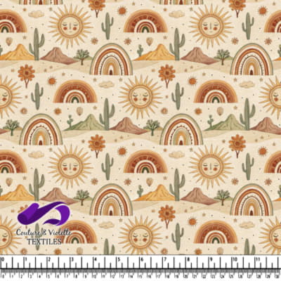Landscape pattern with sun flowers rainbows cacti and mountains