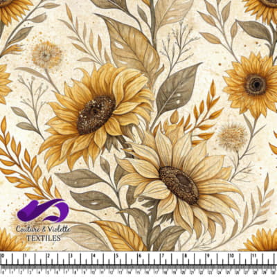 Sunflowers and autumn leaves on beige background