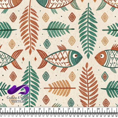 Pattern of colorful fish and stylized leaves