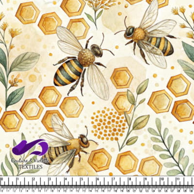 Honey bees flying around honeycomb and foliage pattern