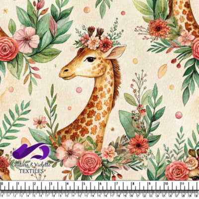 Watercolor giraffe with floral crowns and surrounding botanical elements