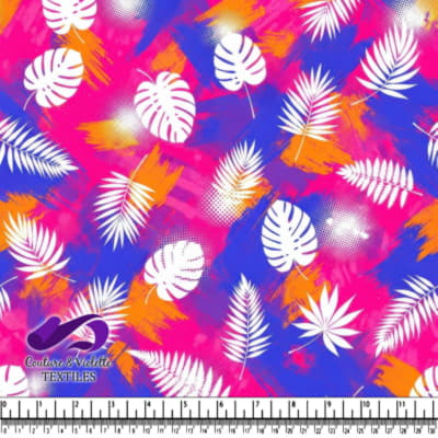 Vibrant tropical leaf pattern with white silhouettes