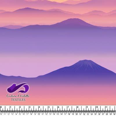 Mountain landscape at sunrise with pink and purple hues
