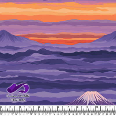 Abstract mountain landscape with purple hues and orange sunset sky