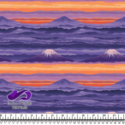 Abstract mountain landscape with purple hues and orange sunset sky