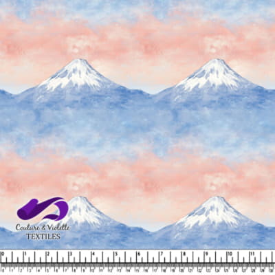 Snow-capped mountain peak with pink and blue sky background artwork