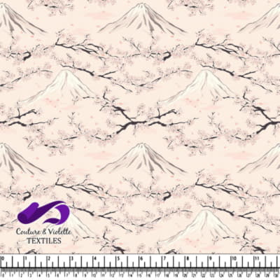 Cherry blossom branches with mountains