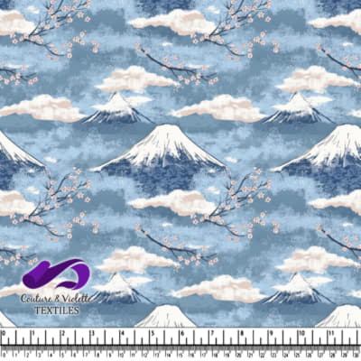 Snowy Mountains with Cherry Blossoms and Blue Sky Pattern