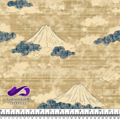 Vintage Mountain Landscape Fabric Pattern with Clouds