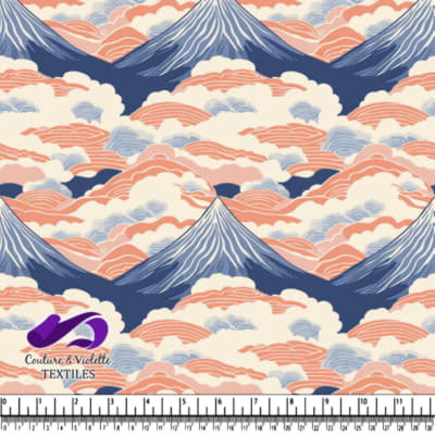 Stylized Mountain Landscape with Clouds and Rolling Hills Pattern