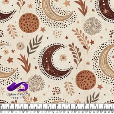 Boho Celestial Moon Stars and Leaves Pattern on Cream Background